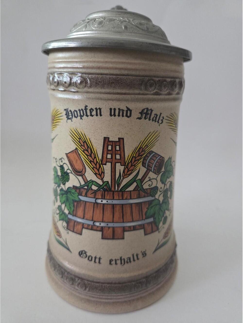 Ceramic Vintage Beer Stein with Pewter Lid
